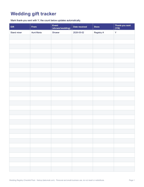 Preview of the first page of Gift tracker (XLSX)
