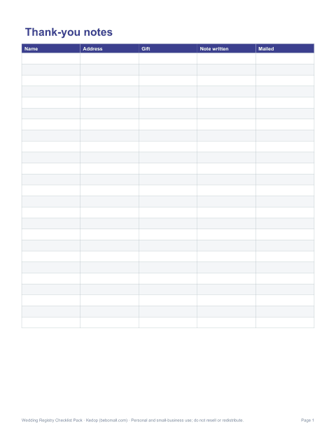 Preview of the first page of Thank-you note log
