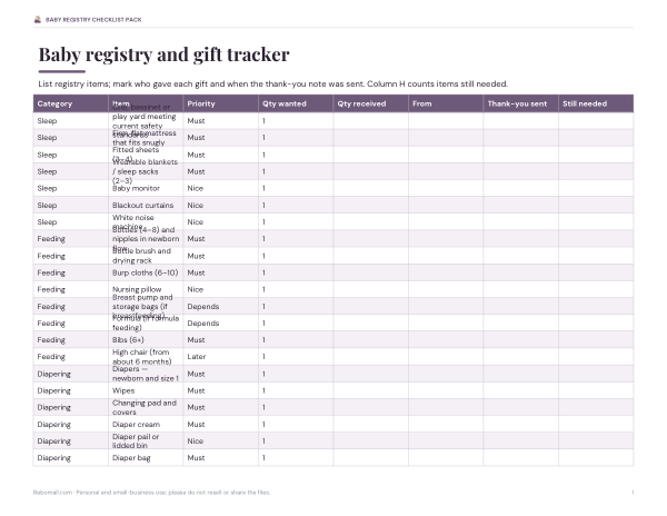 Preview of Printable Baby Registry Gift Tracker