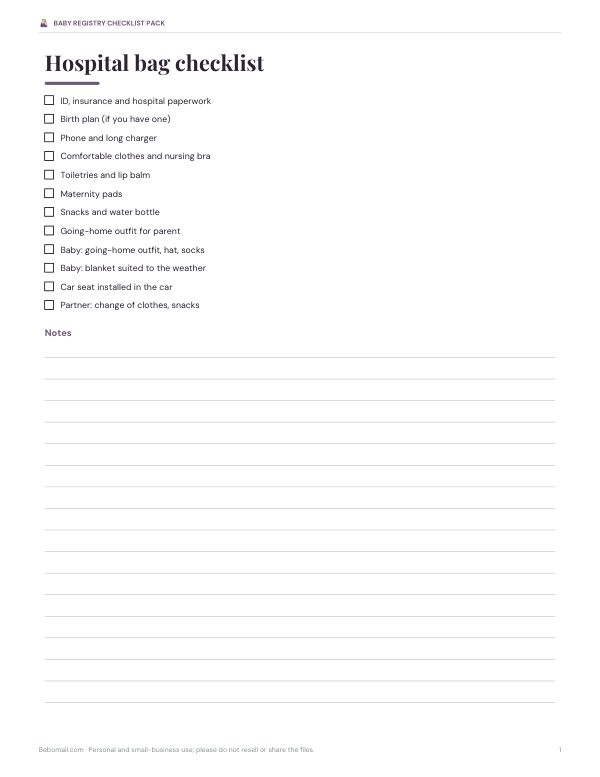 Preview of Printable Hospital Bag Checklist