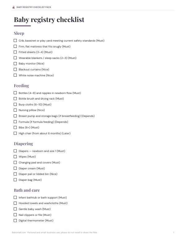 Preview of Baby Registry Checklist Printable